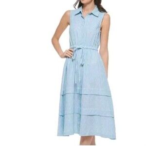 Calvin Klein Maxi Dress Sz 14 Blue Striped Linen Tiered Sleeveless A-Line